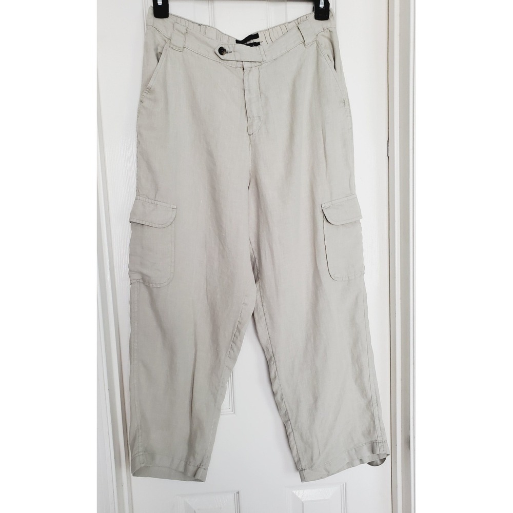 Linen Cargo Pants Cropped Beige Utility Summer Boho Coastal  L